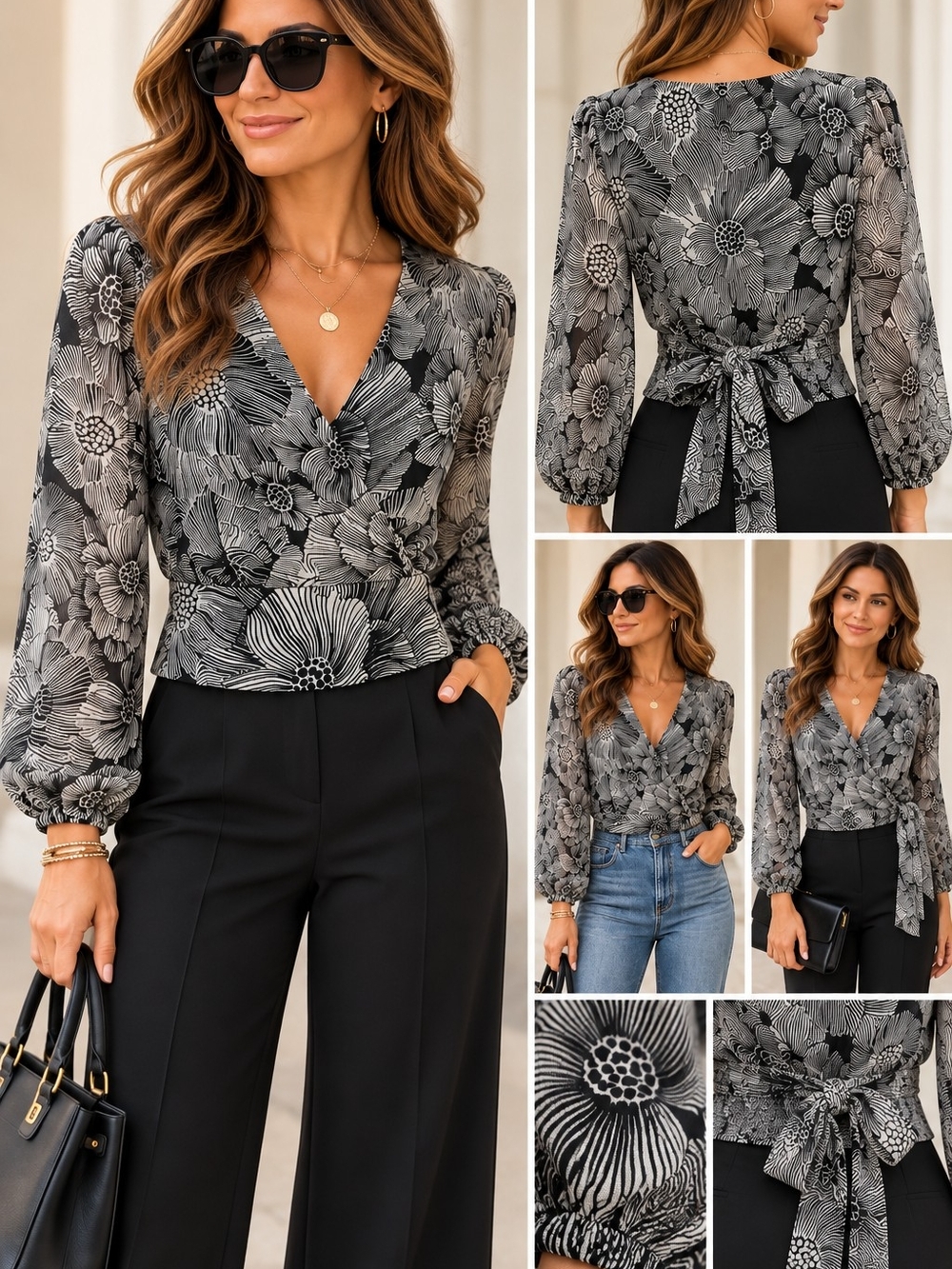 Express Black & White Floral Wrap Blouse – Size S